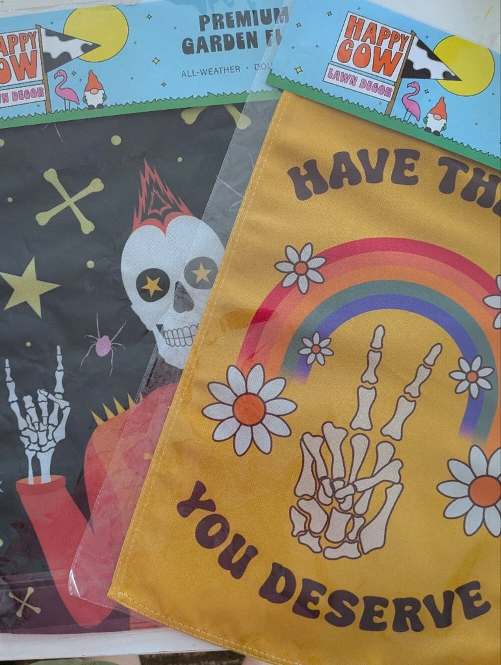 Happy Cow Halloween Garden Flag Set 2 Skeleton Peace Sign Have the Day You Deser